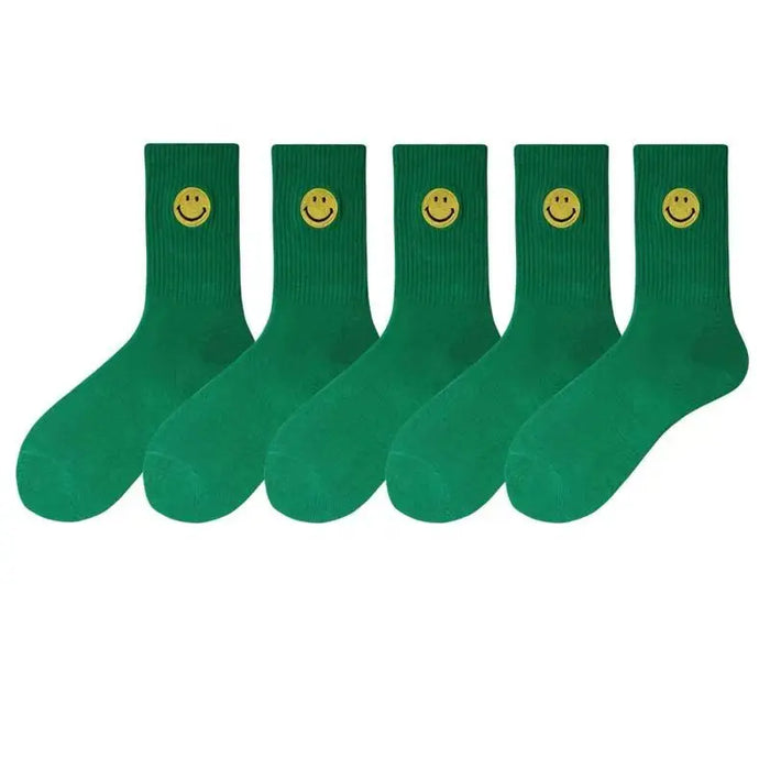 solid-color-medium-tube-socks-for-womens-fresh-smiling-face-pattern-simple-style-comfortable-breathable-girl-socks