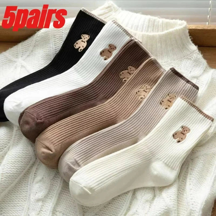 5pairs-lot-cream-womens-korean-version-of-medium-tube-socks-stockings-autumn-and-winter-warm-japanese-versatile-solid-color