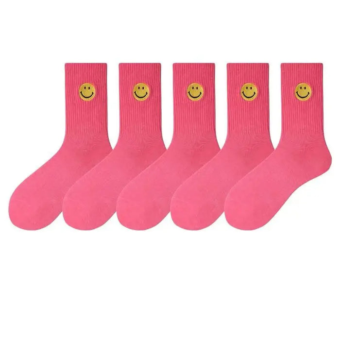 solid-color-medium-tube-socks-for-womens-fresh-smiling-face-pattern-simple-style-comfortable-breathable-girl-socks