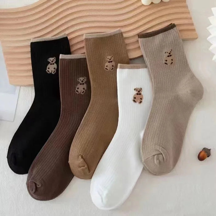 5pairs-lot-cream-womens-korean-version-of-medium-tube-socks-stockings-autumn-and-winter-warm-japanese-versatile-solid-color