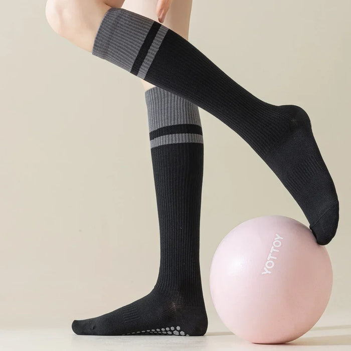 2-pairs-grip-pilates-socks-women-non-slip-yoga-fitness-calf-compression-socks-high-quality-cotton-running-sports-socks-ladies