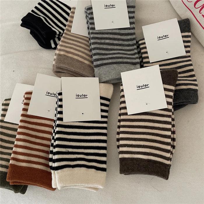 Striped Cotton Socks Women’s Breathable Middle Tube Socks