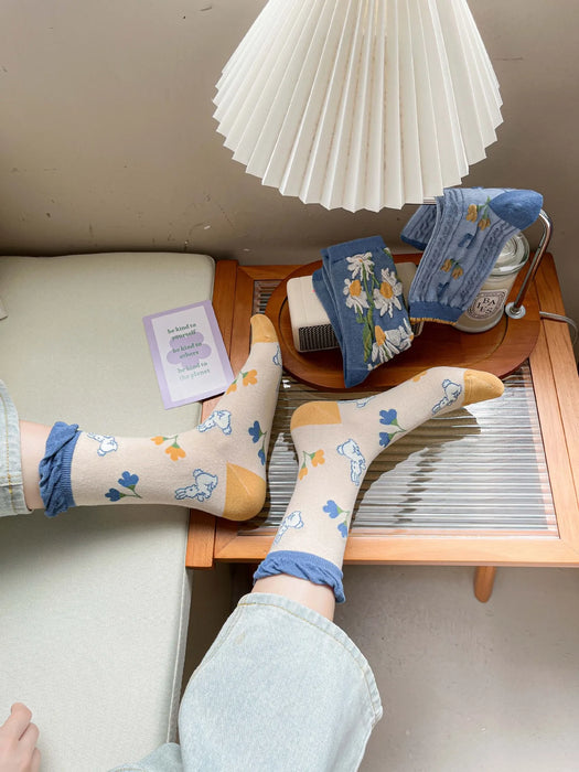 Blue Women Cartoon Print  Socks