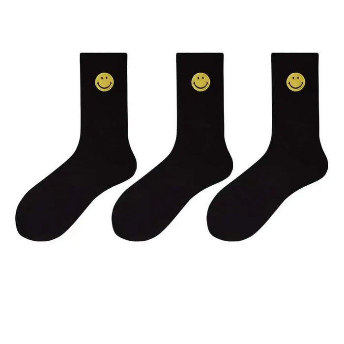 solid-color-medium-tube-socks-for-womens-fresh-smiling-face-pattern-simple-style-comfortable-breathable-girl-socks