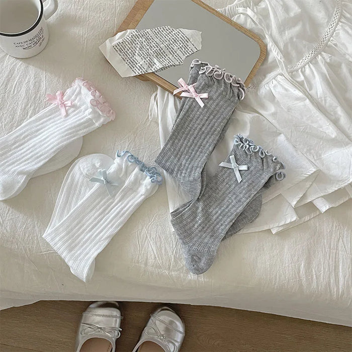 Ballet Style Cute Bowknot Ruffle Edge Pile Socks