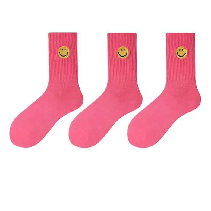 solid-color-medium-tube-socks-for-womens-fresh-smiling-face-pattern-simple-style-comfortable-breathable-girl-socks