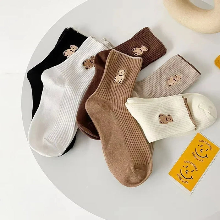 5pairs-lot-cream-womens-korean-version-of-medium-tube-socks-stockings-autumn-and-winter-warm-japanese-versatile-solid-color