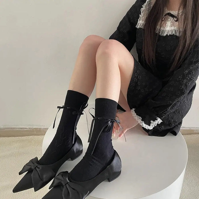 socks-women-bow-straps-hollow-solid-color-spring-and-autumn-ballet-socks-middle-tube-ribbon-casual-socks-for-women