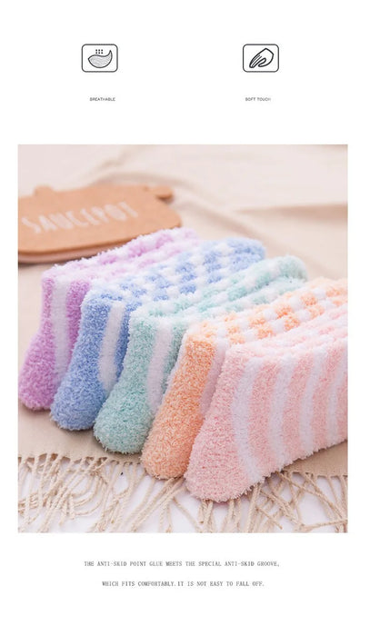 5 Pairs  Winter Striped Coral Fleece Sleep Socks