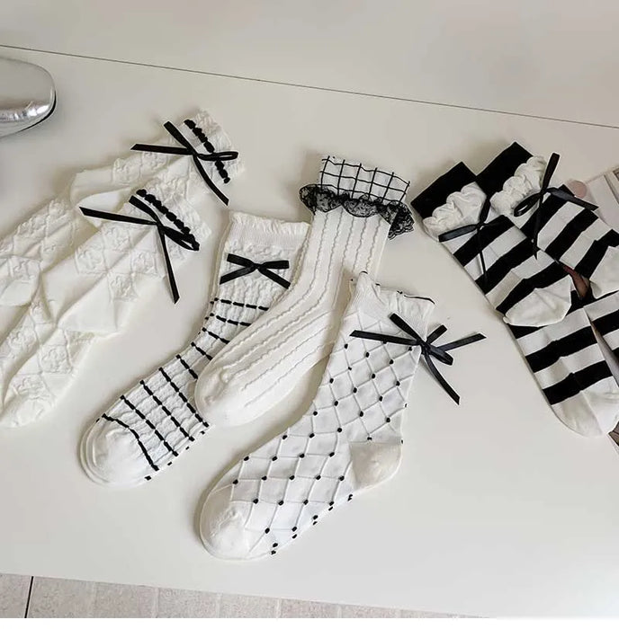 Trendy Sweet Crew Socks Bow Striped