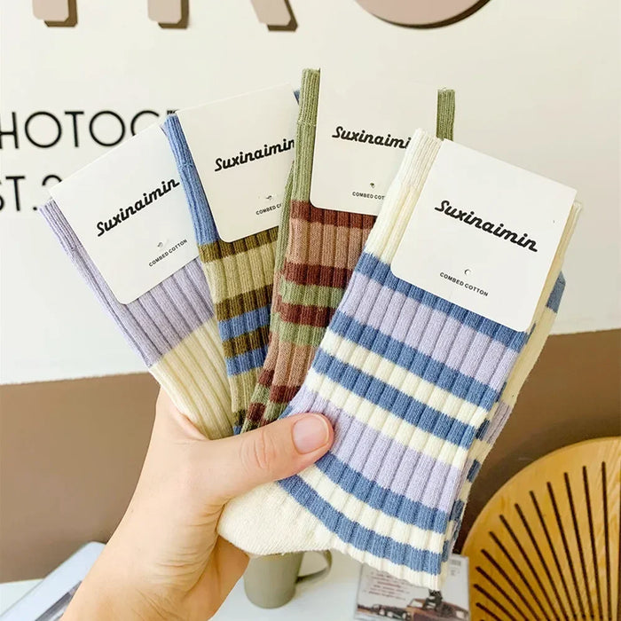 High Quality Cotton Knitting Women Socks Multicolor Striped